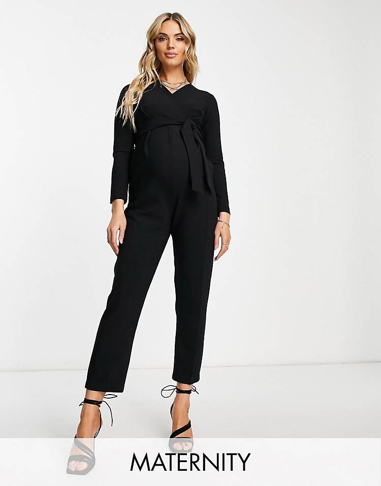 Closet London Maternity tie waist kimono jumpsuit in black